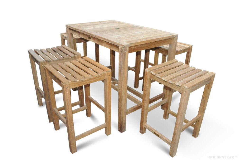 Teak Pub Dining Set with  a 48 inch Bar Heght dining Table and 6 Bar stools