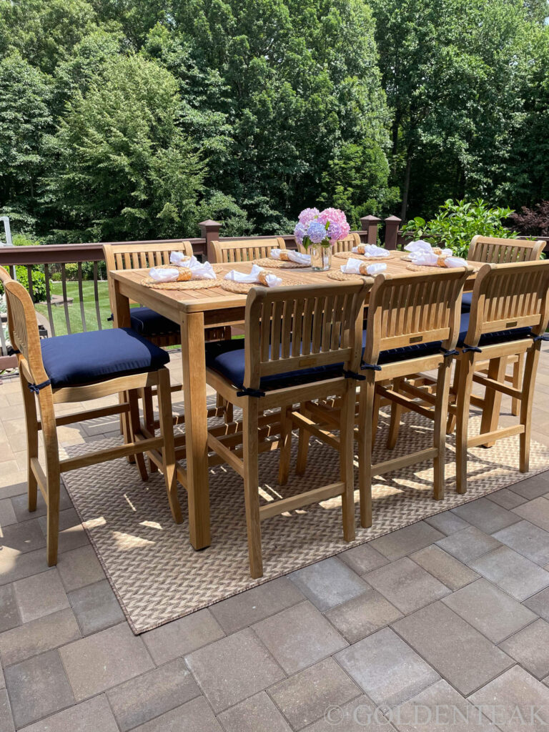 Teak Bar Height Dining Set for 6 - 8 witha 72 inch table and Bar Chairs from Goldenteak