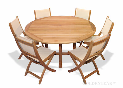 Teak Dining Set for 6 with a 60 in  Teak table and 6 Providence Teak and Sling Side Chairs