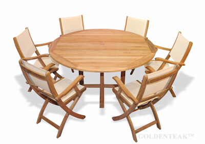 Teak Dining Set for 6 witha 60in Round Table and 6 Providence Teak and Sling Chairs