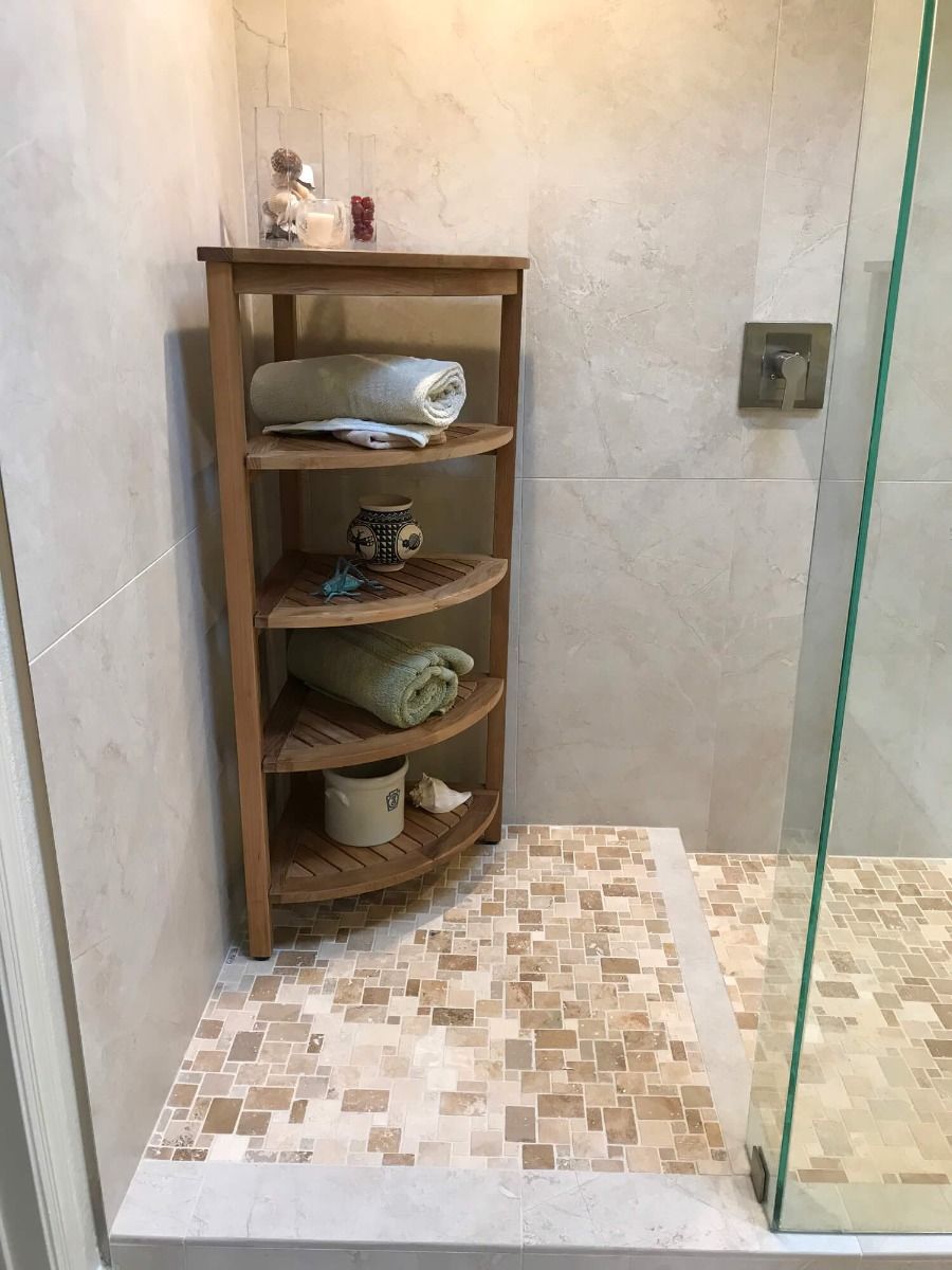 Floating Corner Shower Shelf with a Natural Teak Wood Insert