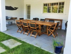 Teak Outdoor Dining Set - Teak Extension Table, Folding Sling and Teak Chairs