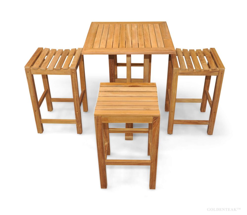 teak square bar table 4 bar stools set  outdoor elements collection